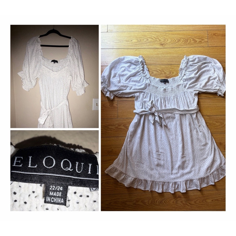 ELOQUII Polka Dot Linen Blend Smocked Mini Dress Plus 22/24 Puff Sleeve Ruffle